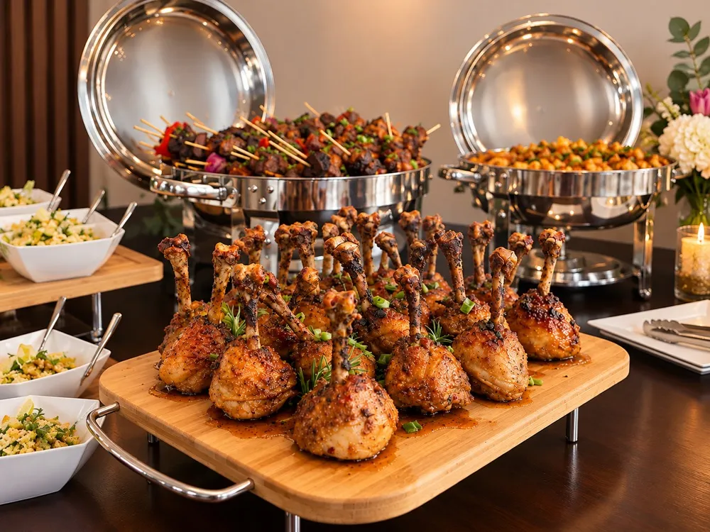 Catered buffet with lollipop drumsticks, beef skewers and chafing dishes
