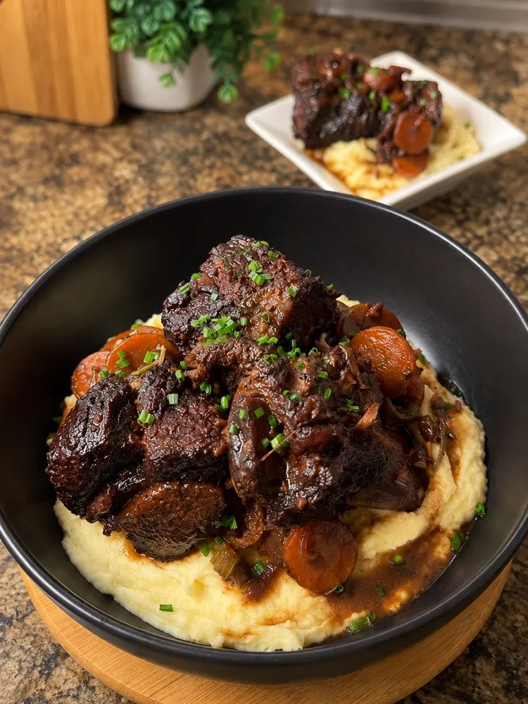 Braised short rib with carrots over mashed potatoes